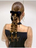 結婚式アレンジ ヘアセット ローポニー 編み込み リボン
