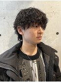 メンズマッシュウルフ波巻きパーマスパイラルツーブロック