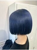 ネイビーブルーアッシュカラーブリーチダブルカラー丸みボブ横浜