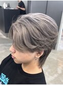 熊本メンズカット MEN'S HAIR センターパートウルフ シルバー 