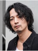 メンズボブサーフカール波巻きパーマセンターパートウルフ