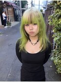 デザインカラー／デザインヘアー／ウルフカット／ネオングリーン