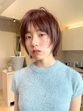 顔周りレイヤーボブ切りっぱなしマロンベージュココアベージュ