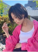 かきあげボブショート×グレージュ×チャコールグレー×前髪なし