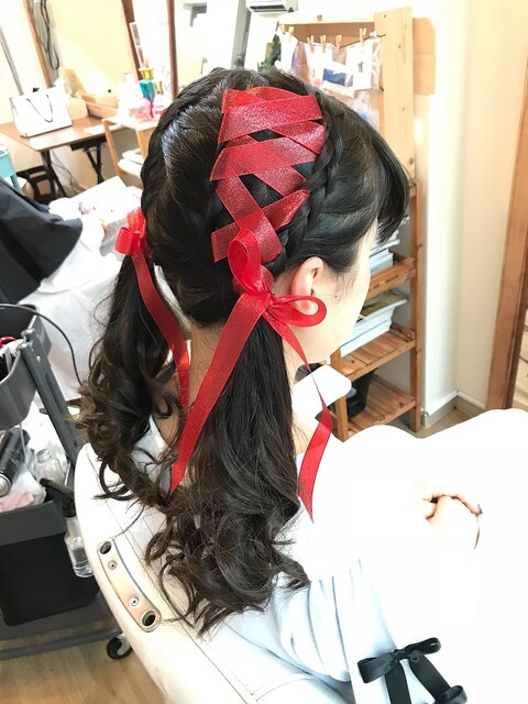 ヘアゴムエクステ♡ツインテール アレンジデザイン40 撮れ 赤×黒