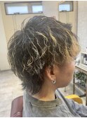 メンズメッシュメンズマッシュウルフパーマ縦落ちツイスパ