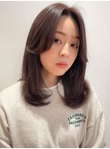 内巻きストレートロブアプリコットオレンジ暗髪黒髪ハイライト