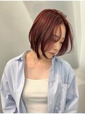 ブリーチなしカラー/レッドカラー/ショートボブ