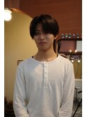 メンズセンターパートブラウンカラー韓国ヘア眉毛カット岡山