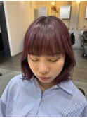 暖色カラー秋カラーピンクパープルワイドバング前髪ブリーチ1回