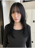 バレイヤージュボブヘアセミロング前髪タッセルボブ姫カット