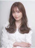 グレージュカラー セミロング ゆる巻き 顔周りカット
