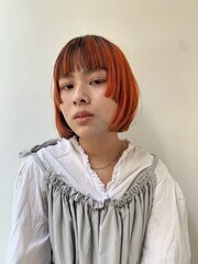 オレンジカラー　姫カット　インナーカラー　ミニボブ