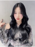 暗めカラーおくれ毛顔周りレイヤー韓国ヘアロング_F0786