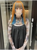 デザインカラーオレンジブルー顔周りレイヤー切りっぱなし前髪