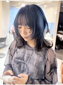 ウルフカット　ネイビー　デザインカラー　横浜