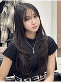ロングレイヤーカット顔周りシールエクステ冬ヘーゼルグレージュ