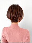 丸みショートボブ細めハイライトマロンベージュ白髪ぼかしカラー