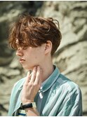 海外風メンズセンターパートルーズパーマブリーチ無しダブルカラ