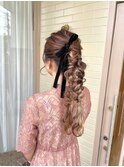 ツインアレンジ/編み下ろし/ベロアリボン/お呼ばれヘアアレンジ