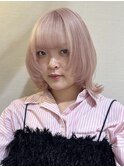 ミディアムレイヤー顔まわりレイヤーウルフカットピンクベージュ