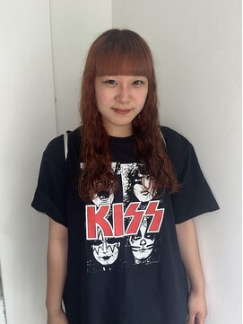 オレンジ×ウェーブパーマ