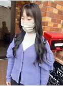 黒髪/グレーベージュ/レイヤーロング/前髪パーマ