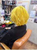 イエロー/マッシュボブ/巻き髪/パーマスタイル/ハイトーンボブ