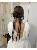 結婚式お呼ばれヘア/個性派ツイン/お団子/編み下ろし/ヘアセット