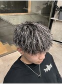 メンズパーマホワイトメッシュ縦落ちツイスパマッシュ