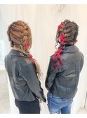 上から編み込み三つ編みリボンアレンジ