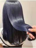 ネイビーブルーアッシュ  ロングボブ　ブルーヘアー　韓国ヘア
