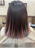 レインボーカラーインナーとヘアティンセルのエクステ