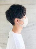 ビジネスマン◎メンズパーマアップバング爽やかショート黒髪