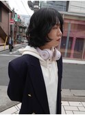 △癖毛風ボブパーマミディアムパーマブルーブラック