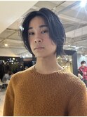 =メンズボブウルフ/メンズロングレイヤーカット/ダークアッシュ