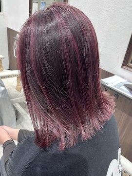 ベルヘアーデザイン 堺東(Belle hair Design) ハイライト切りっぱなし韓国風ワインレッド外国人風オリーブ堺東