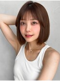ボブくびれヘア前髪ナチュラルカールハイライトカラー斜めバング