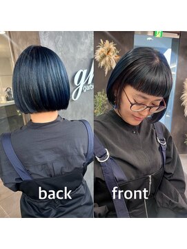 ガルボヘアー 桟橋店(garbo hair) アンブレラカラー　黒髪　ボブ　オン眉　ターコイズ
