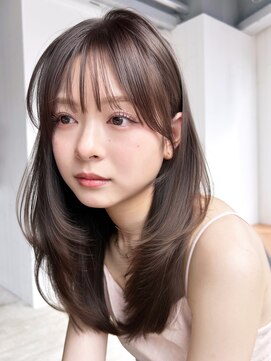 韓国ヘア顔周りレイヤーココアベージュ前髪カット_F1127