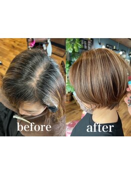 白髪ぼかしハイライト×くびれショートで都会的な大人女性に。一人一人に似合うショートをご提案♪