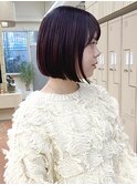 切りっぱなしボブ ブリーチなしボルドーカラー ピンクカラー