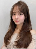 うるツヤ艶感前髪ピンクベージュ薄めバングシースルーバング
