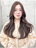 グレージュブラウン/ミディアムレイヤー/韓国巻き/顔周りカット