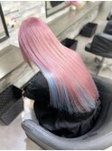 ラベンダーピンク×インナー水色/バージンレミーエクステ60枚