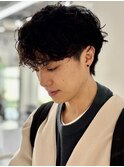 センターパート/スペインカールニュアンスパーマ/ダークアッシュ