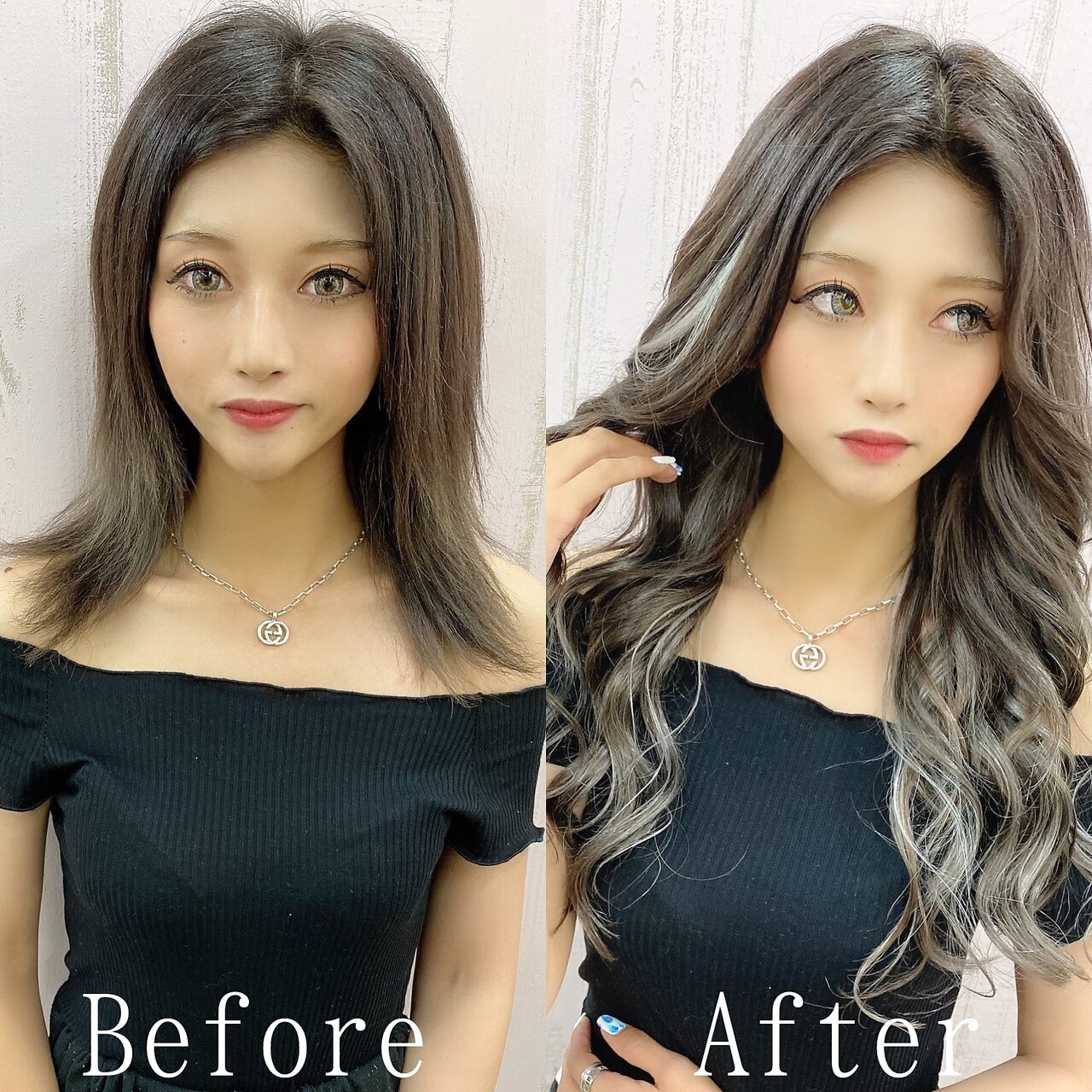 シルバー×ダークグレー#シールエクステ#ハイライトカラー#梅田