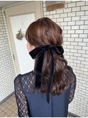 ハーフアップ　ヘアセット　ベロアリボン　お呼ばれヘアセット