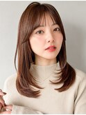 くせ毛風カール大人可愛いセミディレイヤーカット美髪前髪