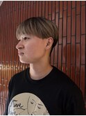 フェザーパーマグレーブルーカラー刈り上げショートバング